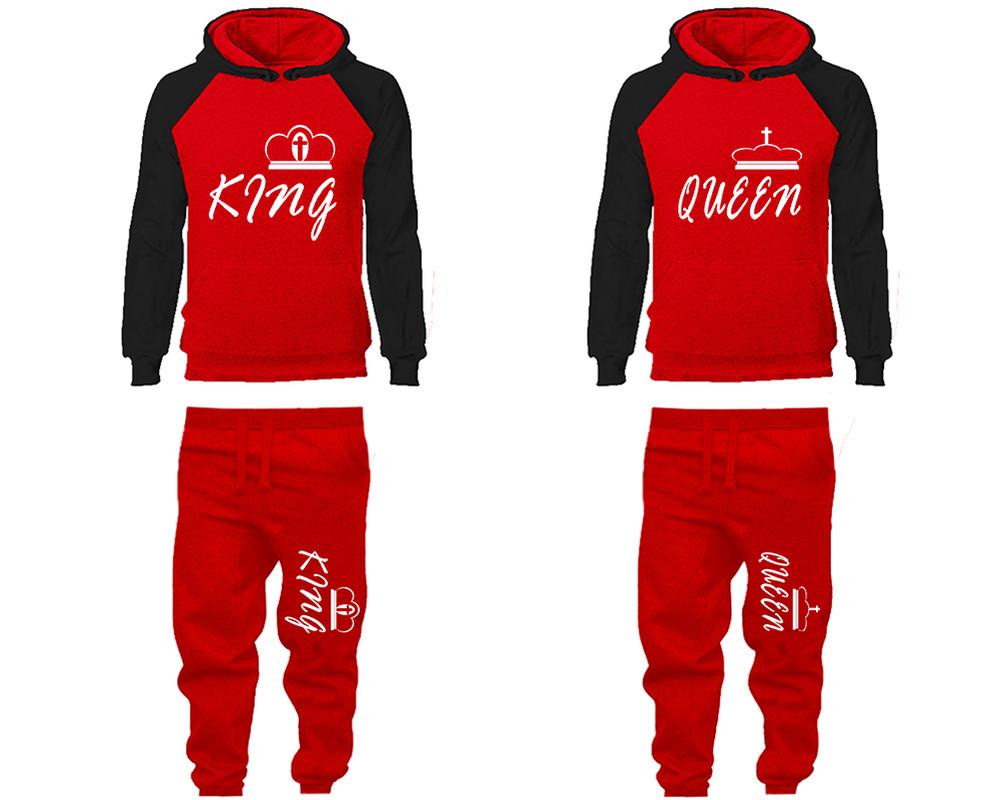 King and Queen matching top and bottom set, Black Red raglan hoodie and sweatpants sets for mens, raglan hoodie and jogger set womens. Matching couple joggers.