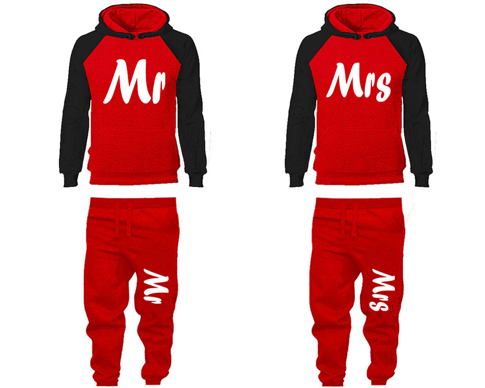 Mr and Mrs matching top and bottom set, Black Red raglan hoodie and sweatpants sets for mens, raglan hoodie and jogger set womens. Matching couple joggers.
