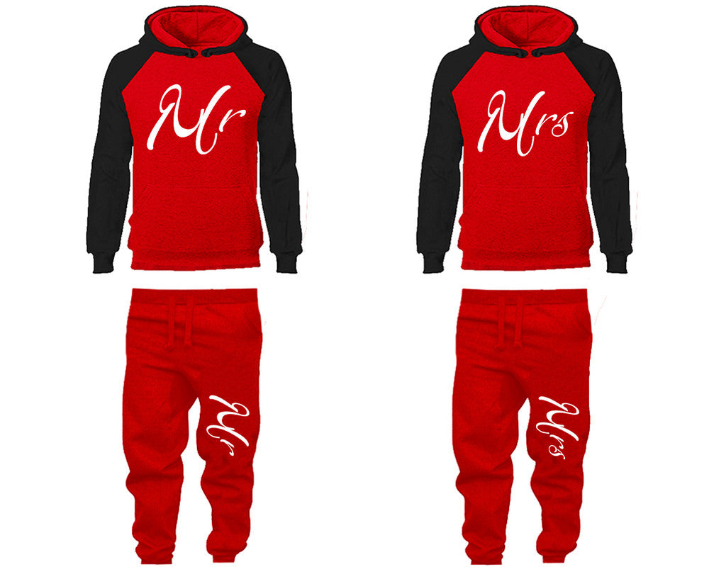 Mr and Mrs matching top and bottom set, Black Red raglan hoodie and sweatpants sets for mens, raglan hoodie and jogger set womens. Matching couple joggers.
