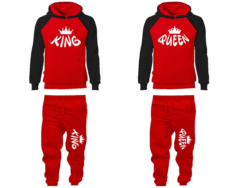 King and Queen matching top and bottom set, Black Red raglan hoodie and sweatpants sets for mens, raglan hoodie and jogger set womens. Matching couple joggers.