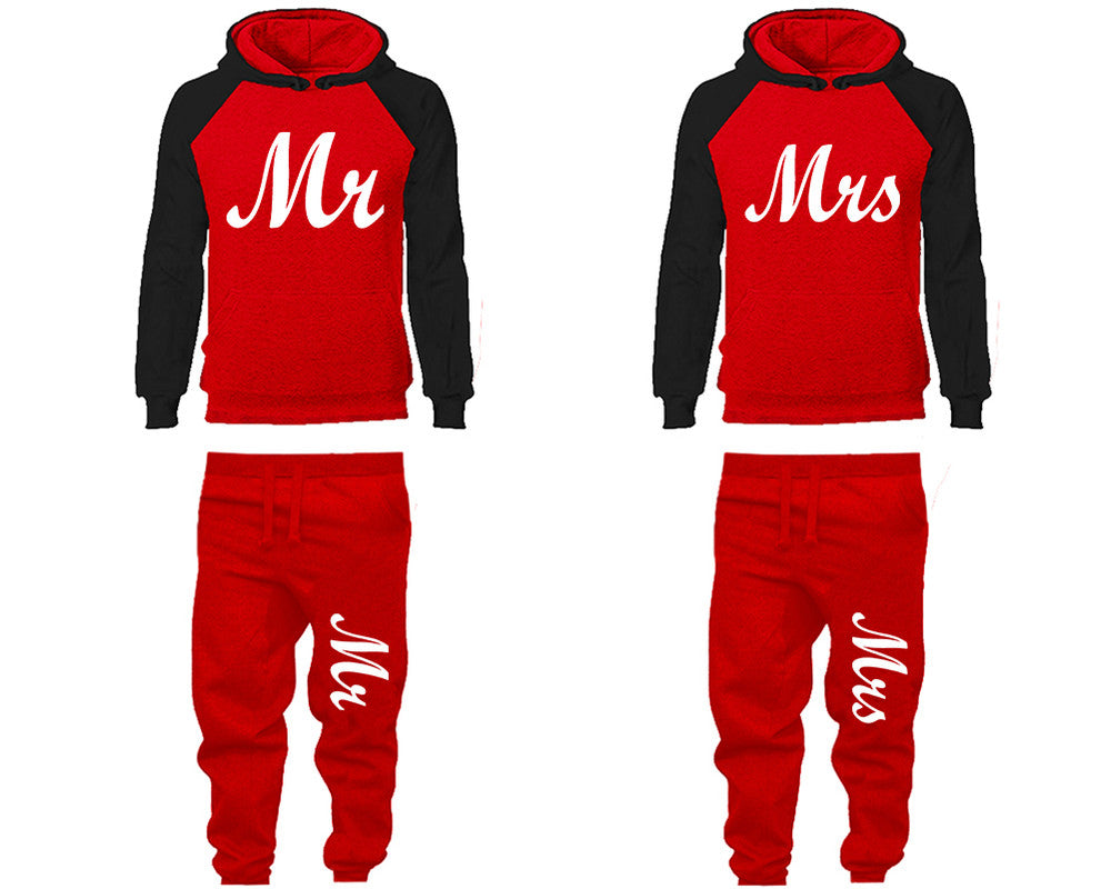 Mr and Mrs matching top and bottom set, Black Red raglan hoodie and sweatpants sets for mens, raglan hoodie and jogger set womens. Matching couple joggers.