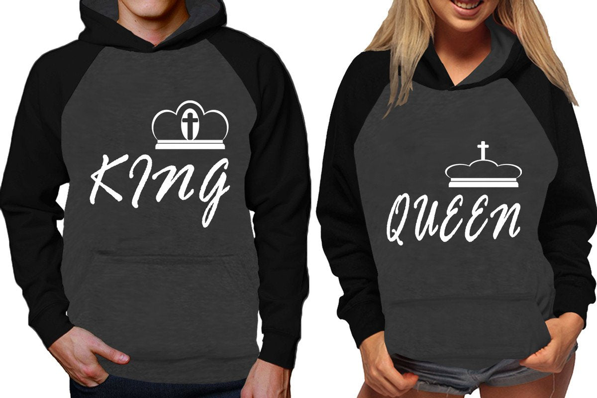 King and Queen raglan hoodies, Matching couple hoodies, Black Charcoal his and hers man and woman contrast raglan hoodies