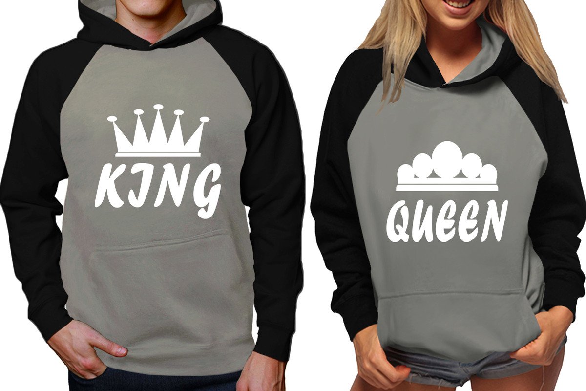 King and Queen raglan hoodies, Matching couple hoodies, Black Grey his and hers man and woman contrast raglan hoodies