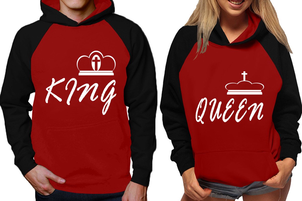 King and Queen raglan hoodies, Matching couple hoodies, Black Maroon his and hers man and woman contrast raglan hoodies