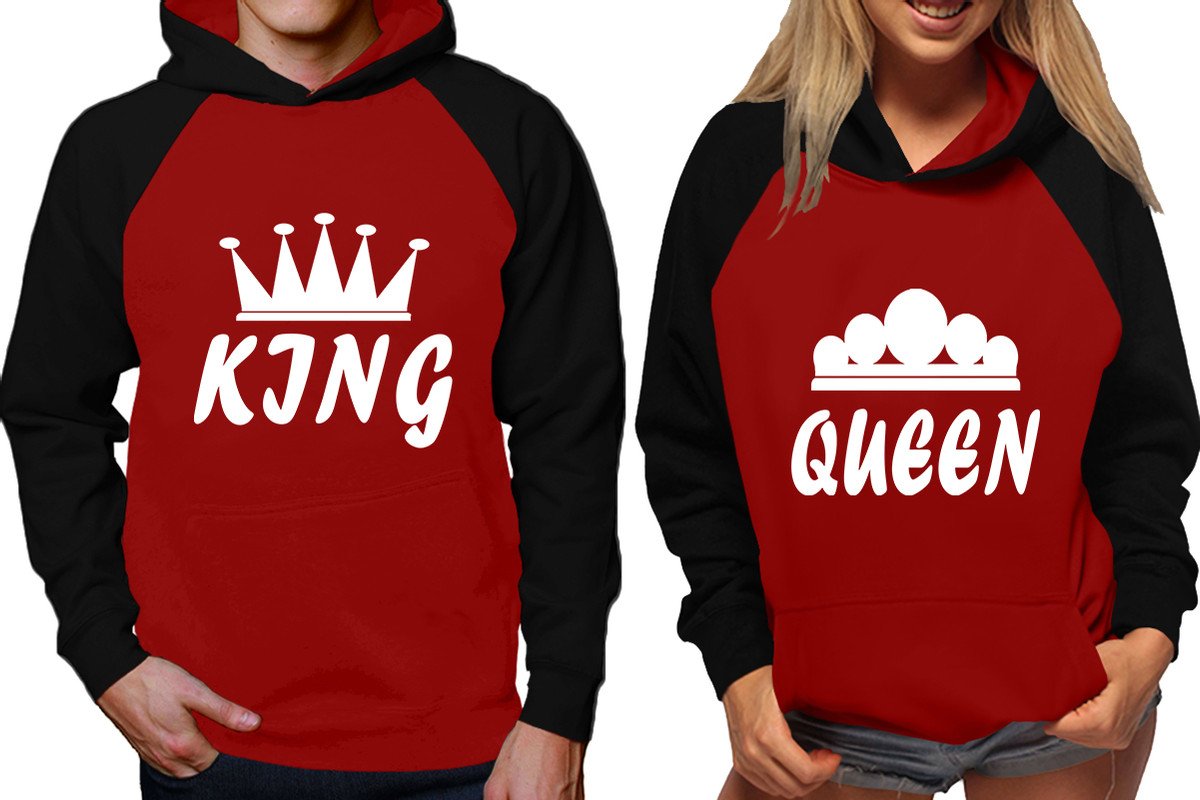 King and Queen raglan hoodies, Matching couple hoodies, Black Maroon his and hers man and woman contrast raglan hoodies