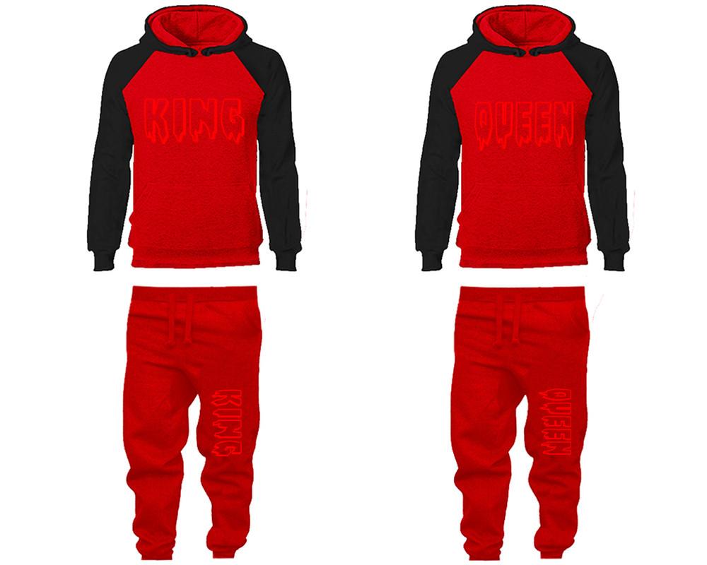 King and Queen matching top and bottom set, Black Red raglan hoodie and sweatpants sets for mens, raglan hoodie and jogger set womens. Matching couple joggers.