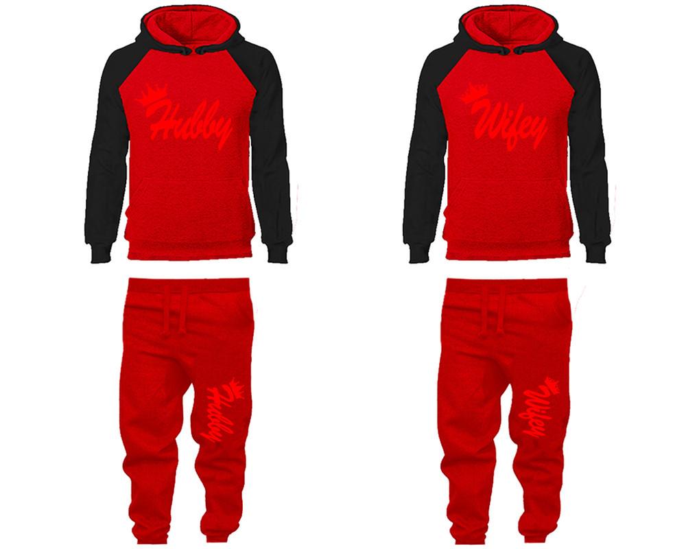Hubby and Wifey matching top and bottom set, Black Red raglan hoodie and sweatpants sets for mens, raglan hoodie and jogger set womens. Matching couple joggers.