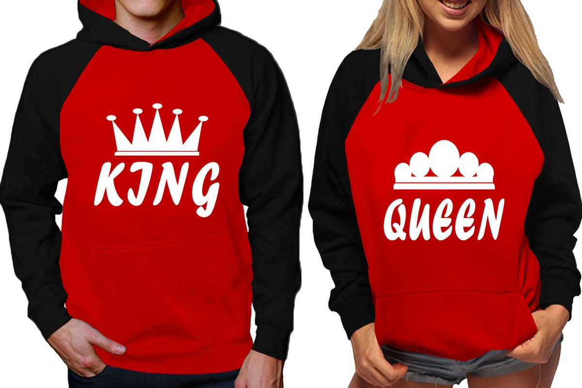 King and Queen raglan hoodies, Matching couple hoodies, Black Red his and hers man and woman contrast raglan hoodies