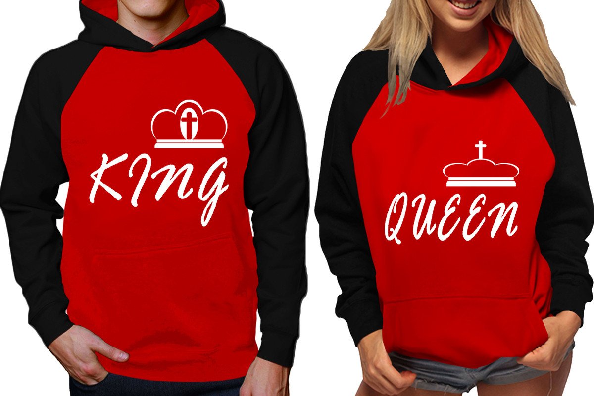 King and Queen raglan hoodies, Matching couple hoodies, Black Red his and hers man and woman contrast raglan hoodies