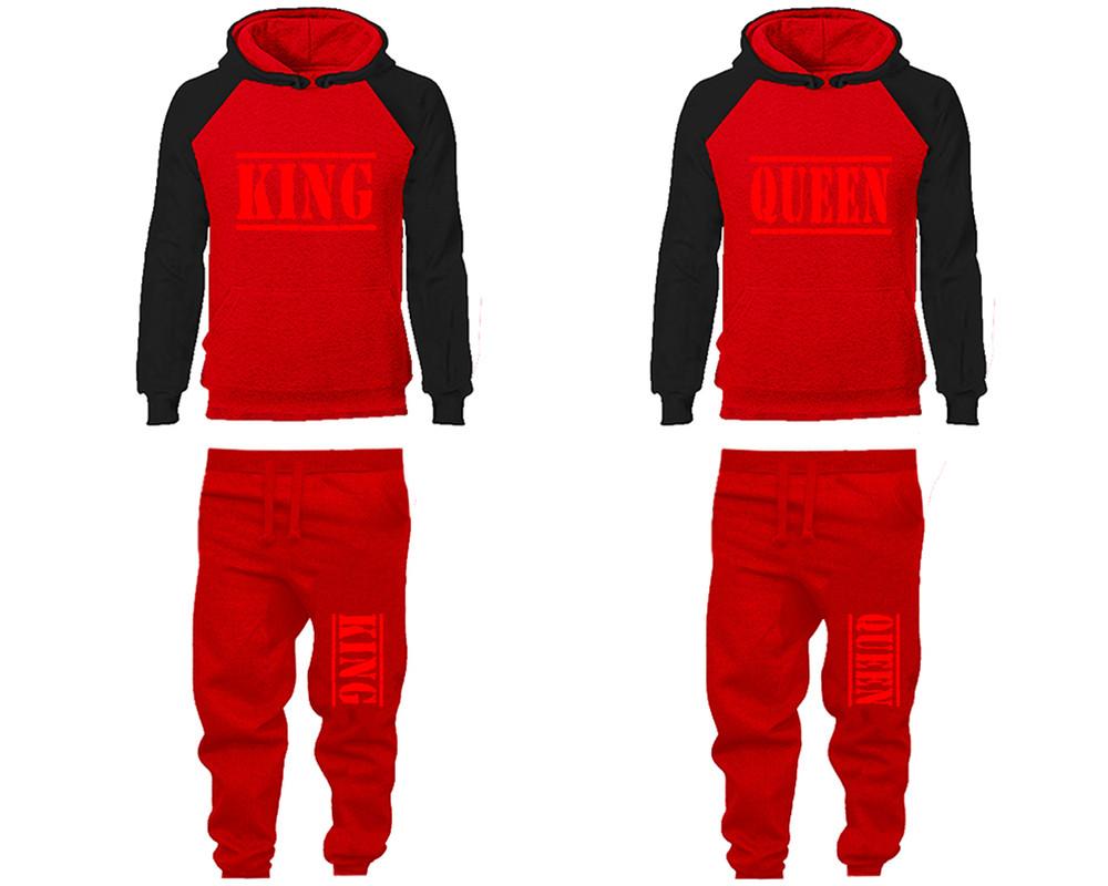 King and Queen matching top and bottom set, Black Red raglan hoodie and sweatpants sets for mens, raglan hoodie and jogger set womens. Matching couple joggers.
