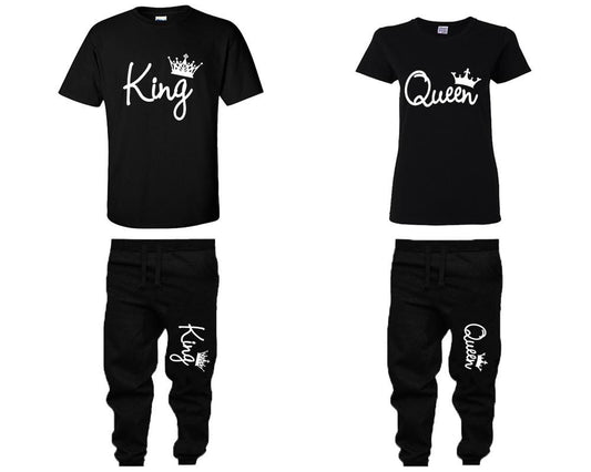 King Queen shirts, matching top and bottom set, Black t shirts, men joggers, shirt and jogger pants women. Matching couple joggers