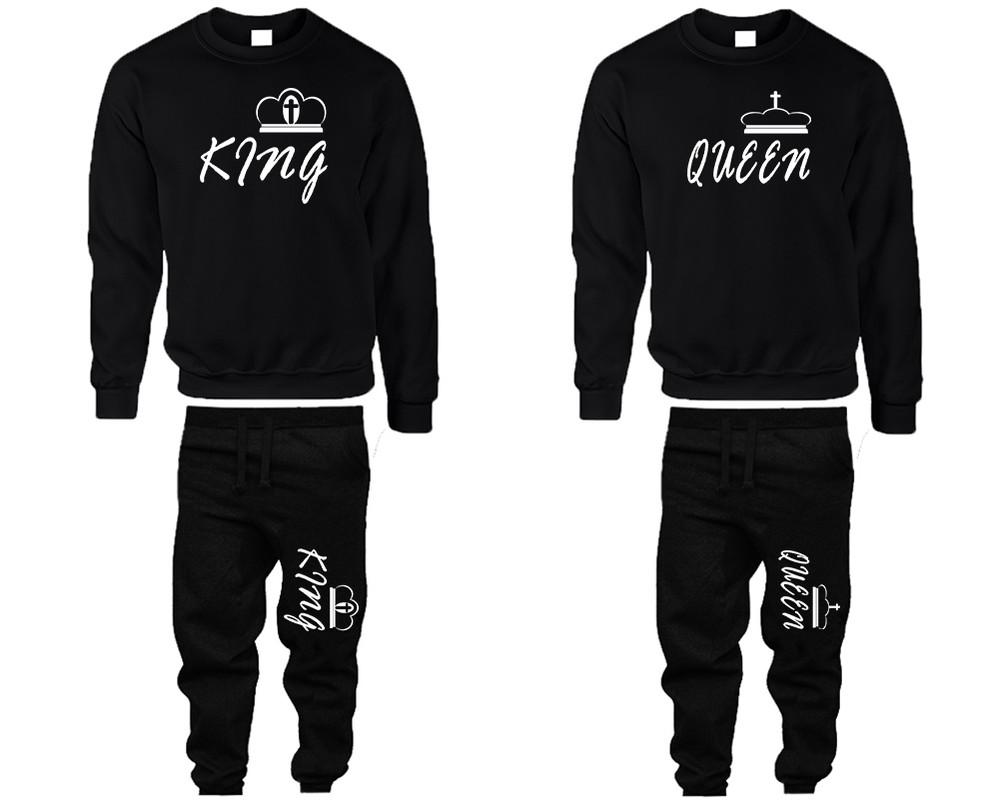 King and Queen top and bottom sets. Black sweatshirt and sweatpants set for men, sweater and jogger pants for women.