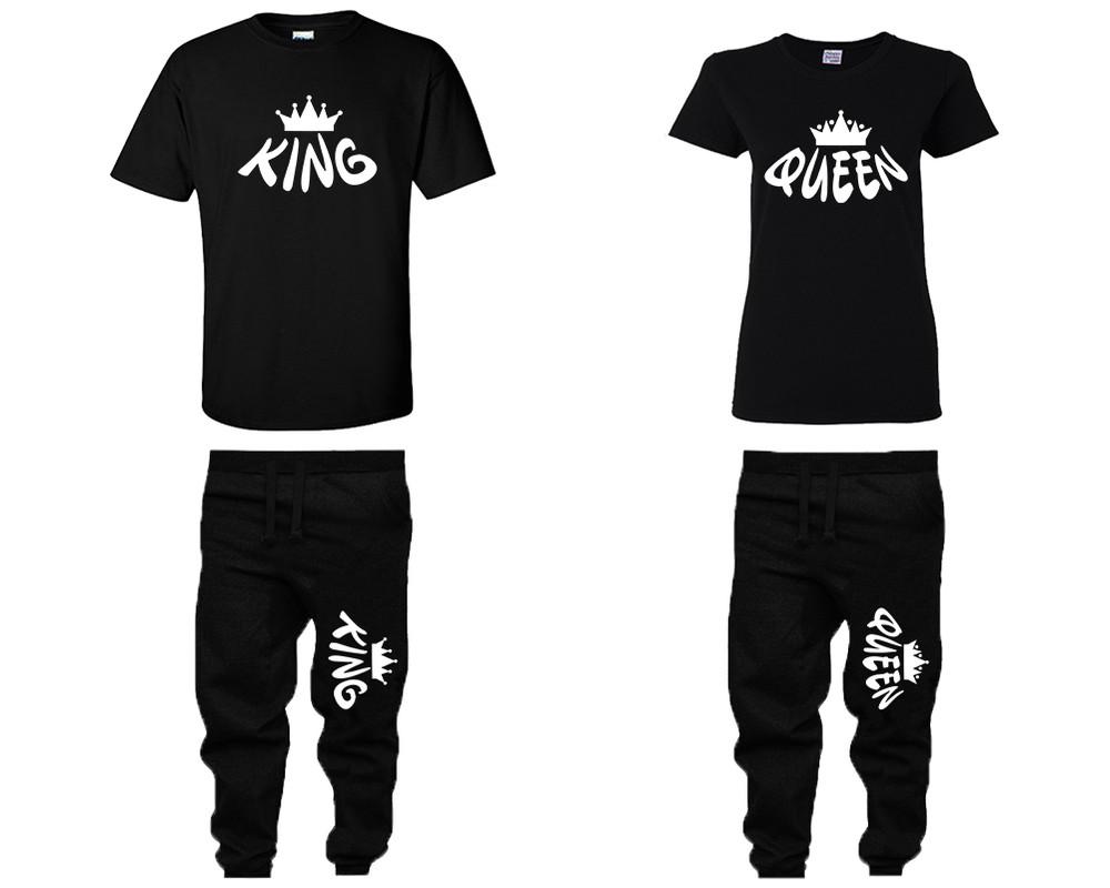 King and Queen shirts and jogger pants, matching top and bottom set, Black t shirts, men joggers, shirt and jogger pants women. Matching couple joggers