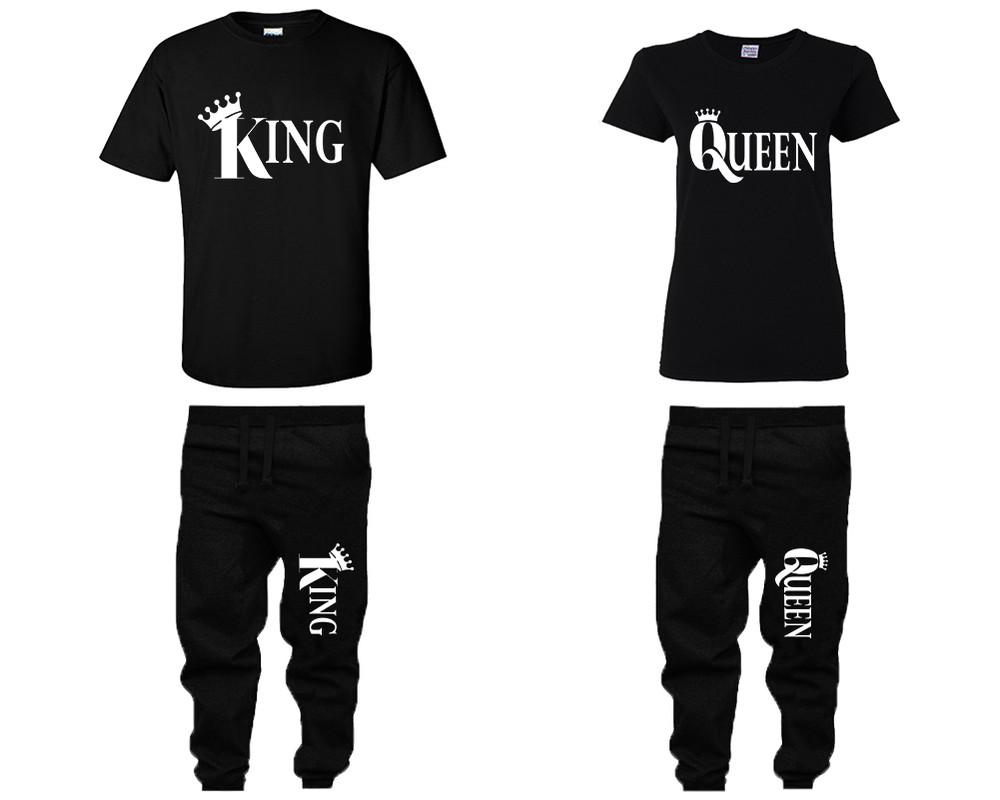 King and Queen shirts and jogger pants, matching top and bottom set, Black t shirts, men joggers, shirt and jogger pants women. Matching couple joggers