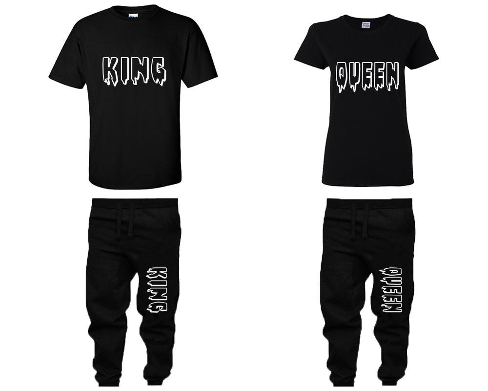 King and Queen shirts and jogger pants, matching top and bottom set, Black t shirts, men joggers, shirt and jogger pants women. Matching couple joggers
