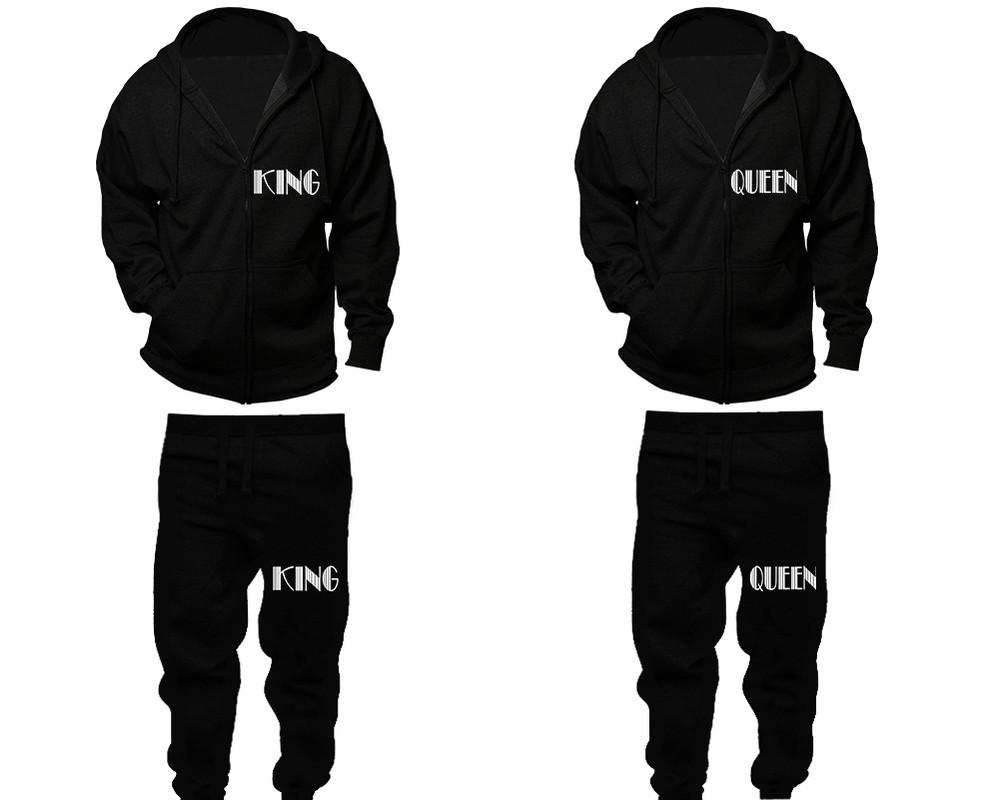 King and Queen zipper hoodies, Matching couple hoodies, Black zip up hoodie for man, Black zip up hoodie womens, Black jogger pants for man and woman.