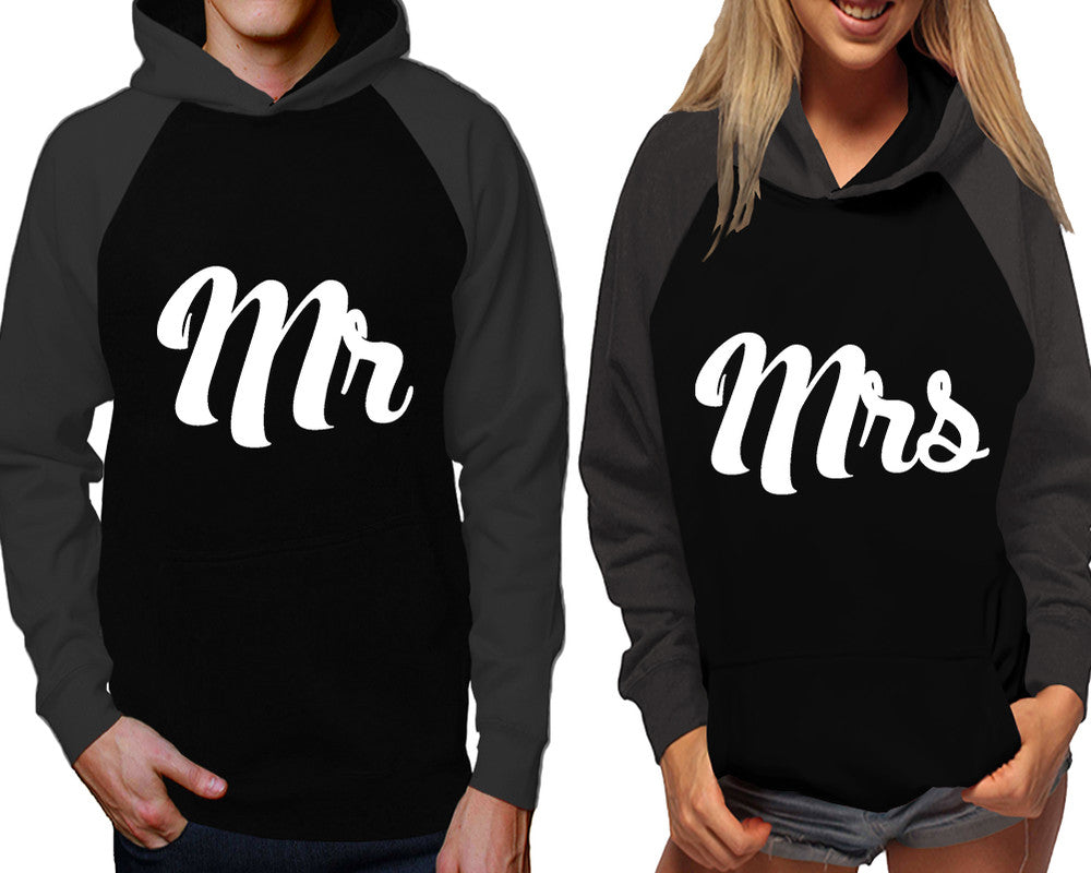 Mr and Mrs raglan hoodies, Matching couple hoodies, Charcoal Black his and hers man and woman contrast raglan hoodies