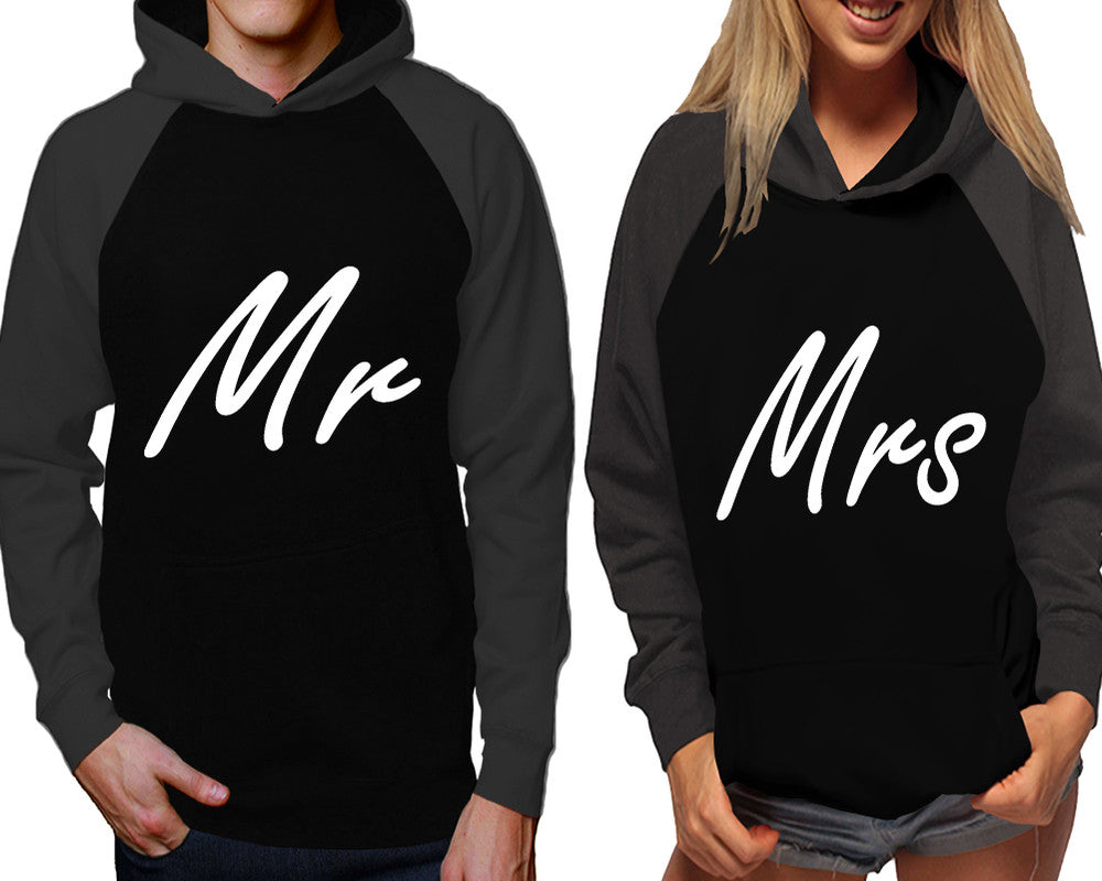 Mr and Mrs raglan hoodies, Matching couple hoodies, Charcoal Black his and hers man and woman contrast raglan hoodies