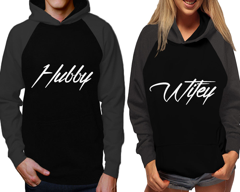 Hubby and Wifey raglan hoodies, Matching couple hoodies, Charcoal Black his and hers man and woman contrast raglan hoodies