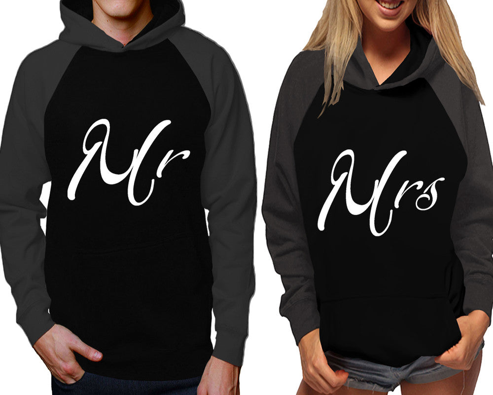 Mr and Mrs raglan hoodies, Matching couple hoodies, Charcoal Black his and hers man and woman contrast raglan hoodies