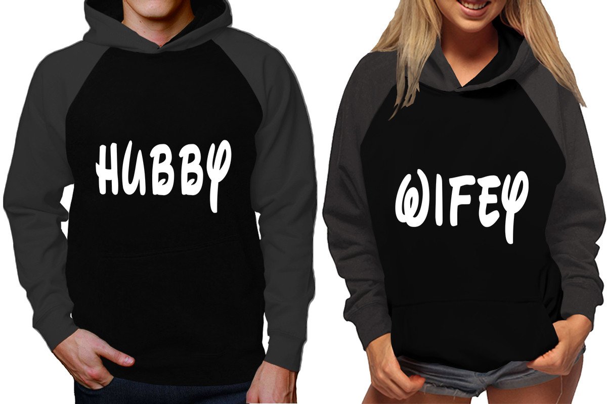 Hubby and Wifey raglan hoodies, Matching couple hoodies, Charcoal Black King Queen design on man and woman hoodies