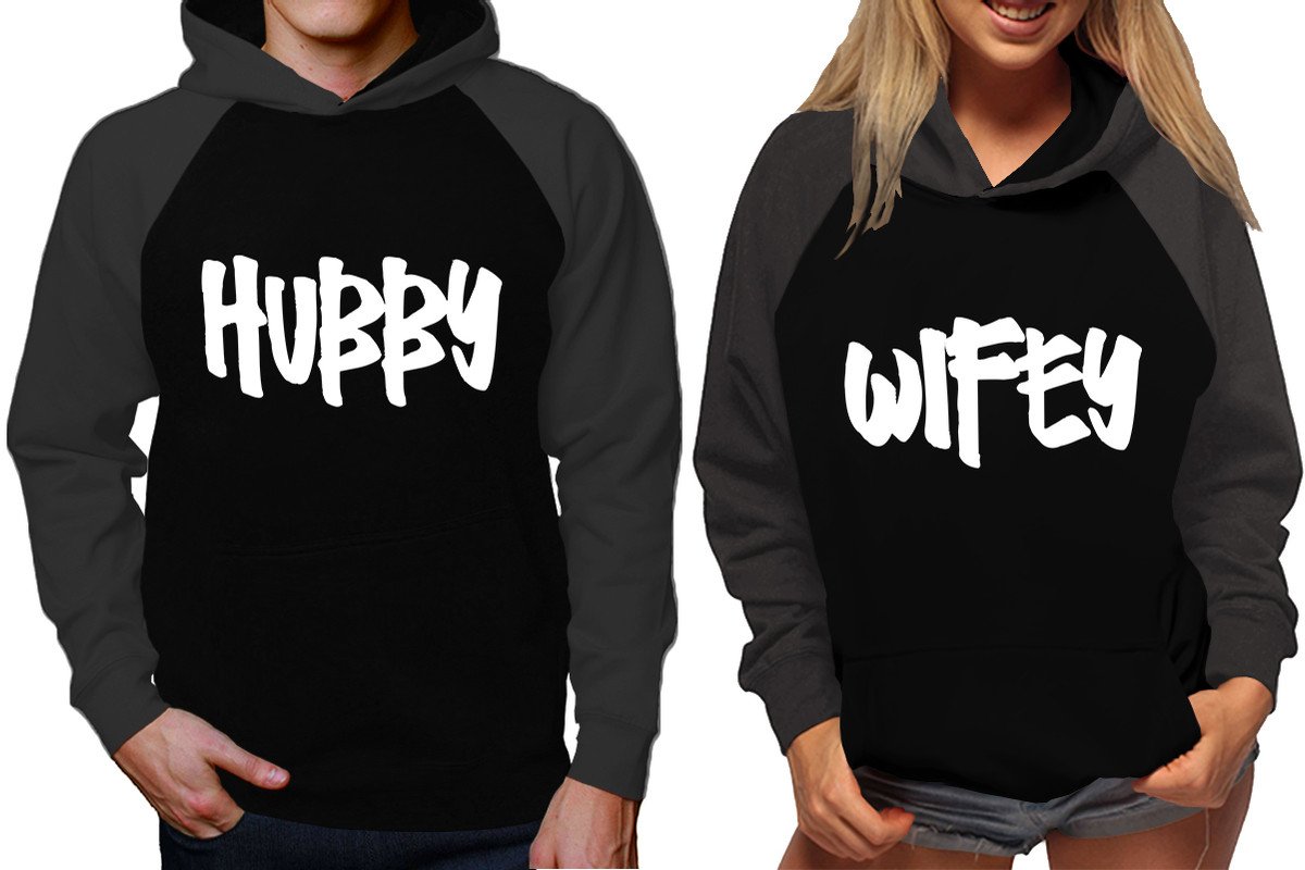 Hubby and Wifey raglan hoodies, Matching couple hoodies, Charcoal Black King Queen design on man and woman hoodies