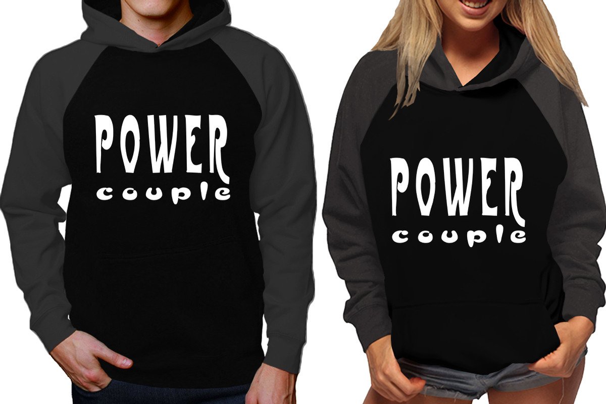 Power Couple raglan hoodies, Matching couple hoodies, Charcoal Black his and hers man and woman contrast raglan hoodies