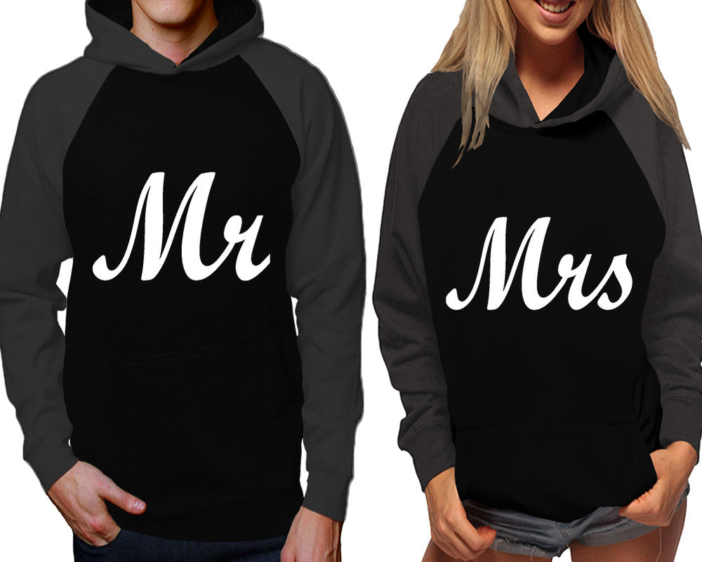 Mr and Mrs raglan hoodies, Matching couple hoodies, Charcoal Black his and hers man and woman contrast raglan hoodies
