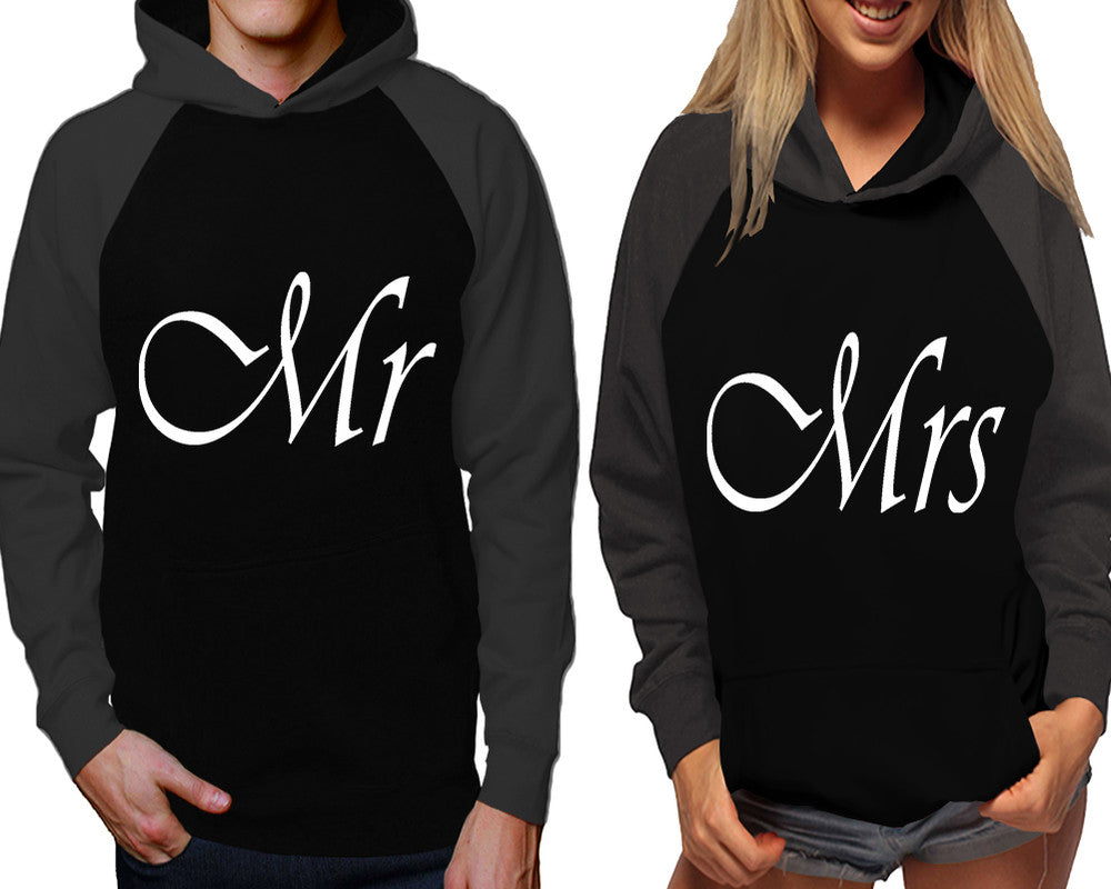 Mr and Mrs raglan hoodies, Matching couple hoodies, Charcoal Black his and hers man and woman contrast raglan hoodies