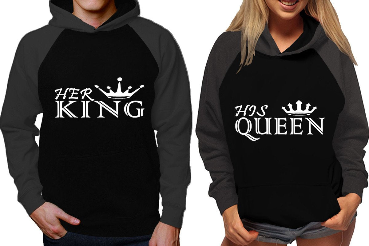 Her King and His Queen raglan hoodies, Matching couple hoodies, Charcoal Black his and hers man and woman contrast raglan hoodies
