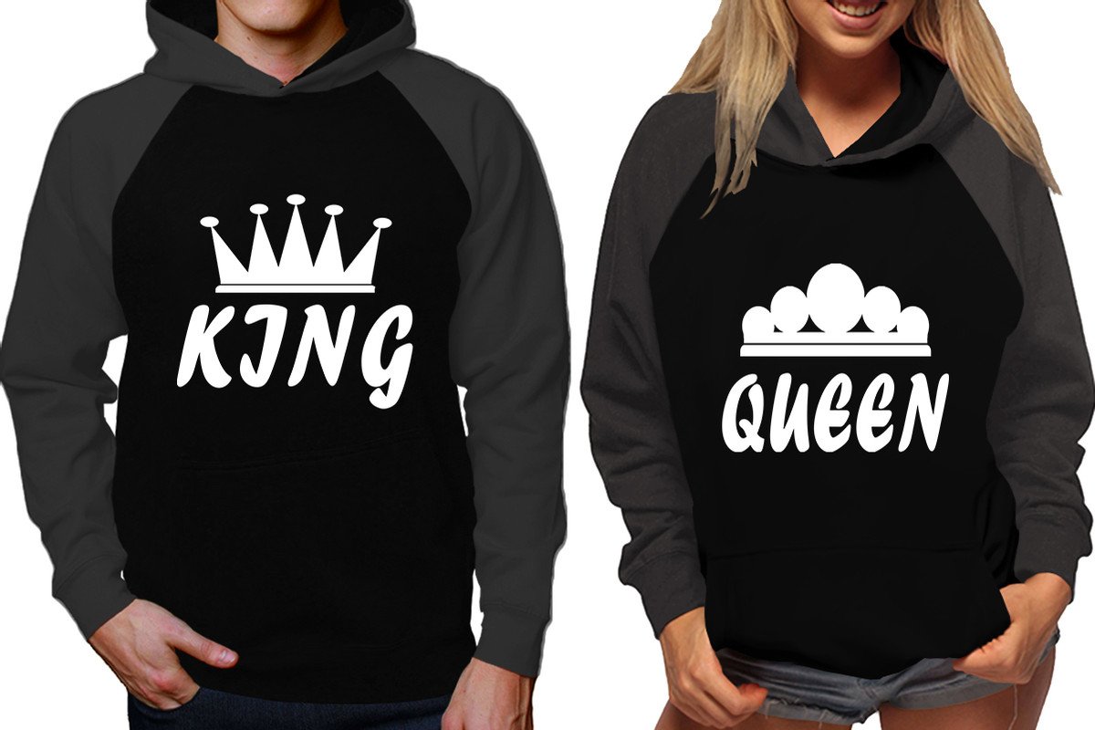 King and Queen raglan hoodies, Matching couple hoodies, Charcoal Black his and hers man and woman contrast raglan hoodies