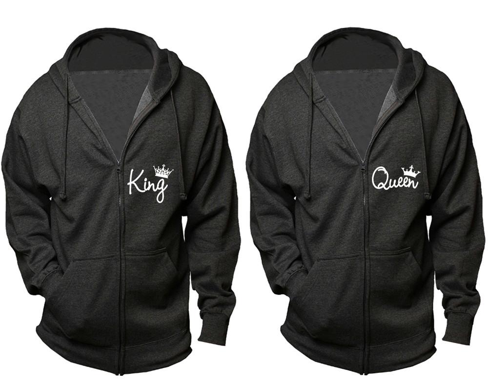 King and Queen zipper hoodies, Matching couple hoodies, Charcoal zip up hoodie for man, Charcoal zip up hoodie womens