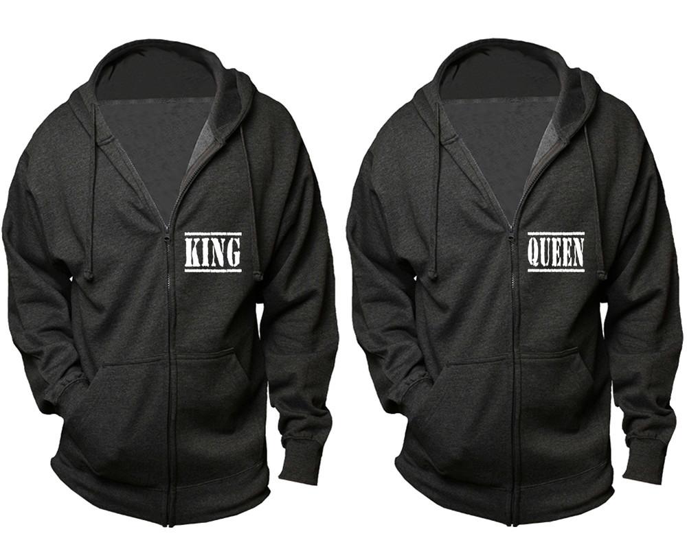 King and Queen zipper hoodies, Matching couple hoodies, Charcoal zip up hoodie for man, Charcoal zip up hoodie womens