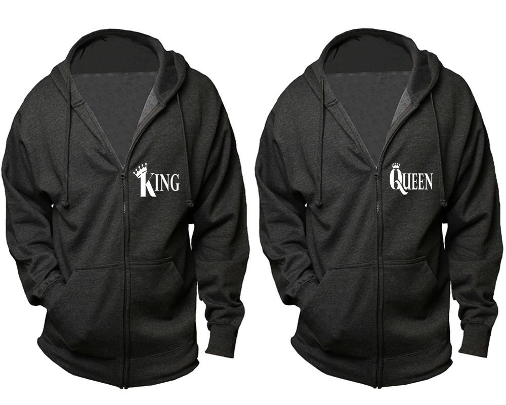 King and Queen zipper hoodies, Matching couple hoodies, Charcoal zip up hoodie for man, Charcoal zip up hoodie womens
