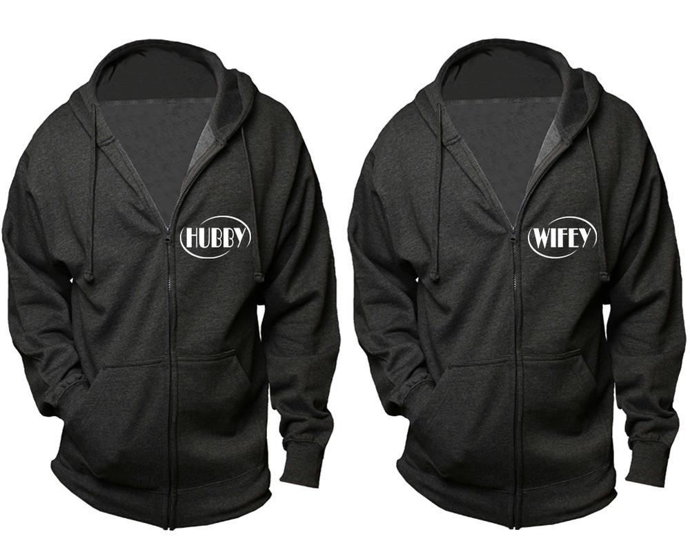 Hubby and Wifey zipper hoodies, Matching couple hoodies, Charcoal zip up hoodie for man, Charcoal zip up hoodie womens