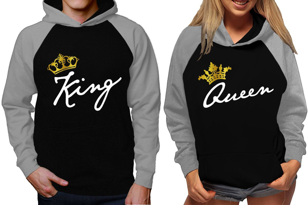 King and Queen raglan hoodies, Matching couple hoodies, Grey Black King Queen design on man and woman hoodies