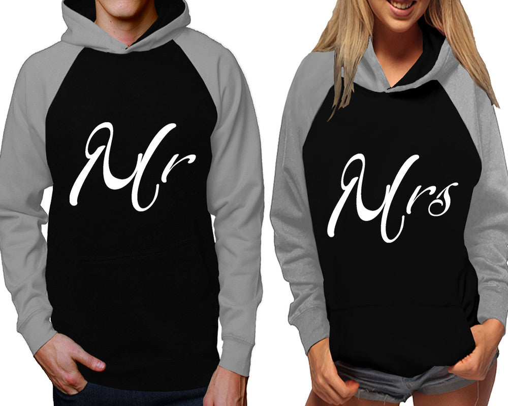 Mr and Mrs raglan hoodies, Matching couple hoodies, Grey Black his and hers man and woman contrast raglan hoodies