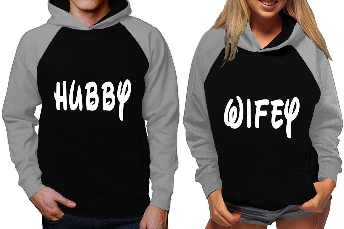 Hubby and Wifey raglan hoodies, Matching couple hoodies, Grey Black King Queen design on man and woman hoodies
