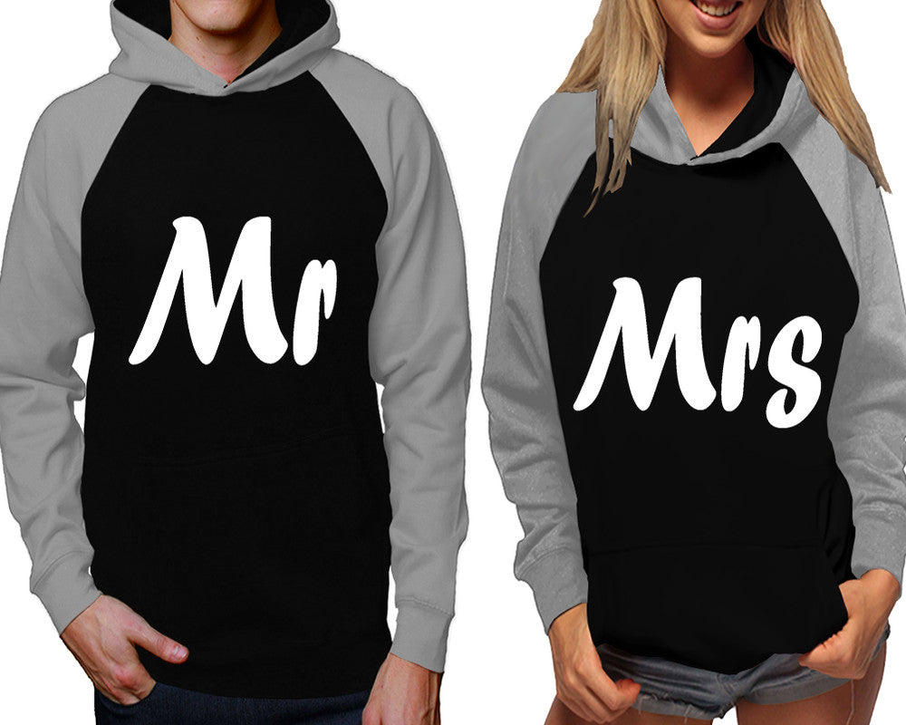 Mr and Mrs raglan hoodies, Matching couple hoodies, Grey Black his and hers man and woman contrast raglan hoodies