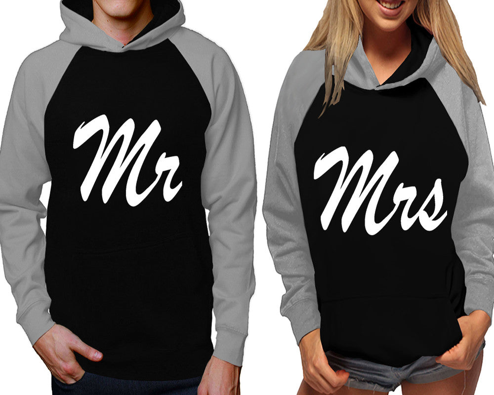 Mr and Mrs raglan hoodies, Matching couple hoodies, Grey Black his and hers man and woman contrast raglan hoodies