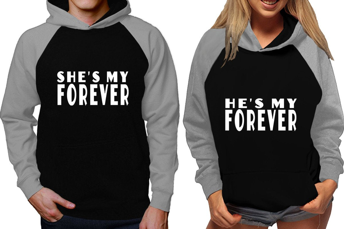 She's My Forever and He's My Forever raglan hoodies, Matching couple hoodies, Grey Black his and hers man and woman contrast raglan hoodies