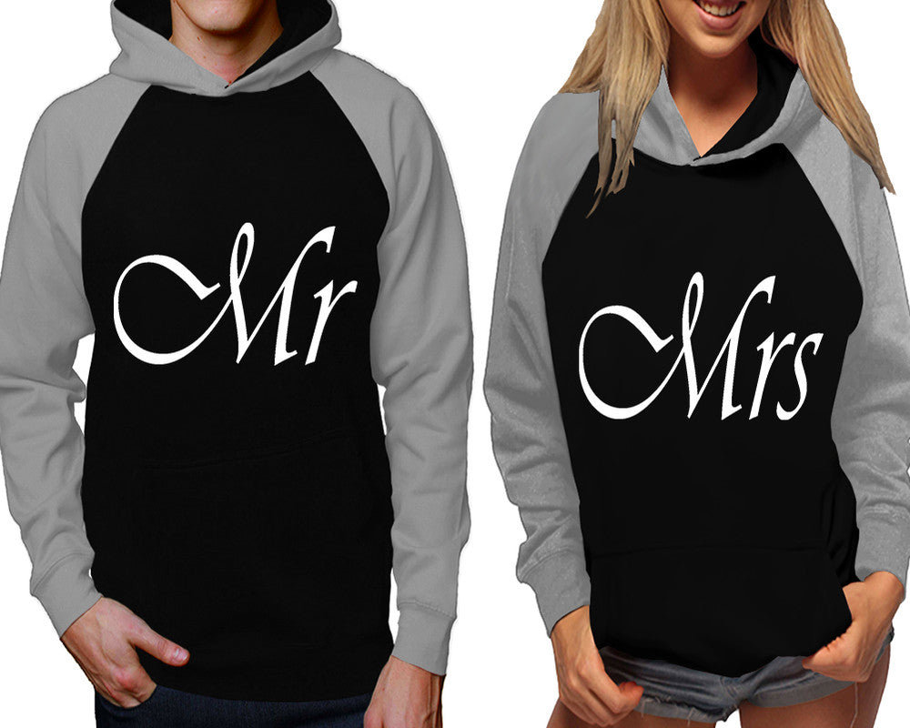 Mr and Mrs raglan hoodies, Matching couple hoodies, Grey Black his and hers man and woman contrast raglan hoodies