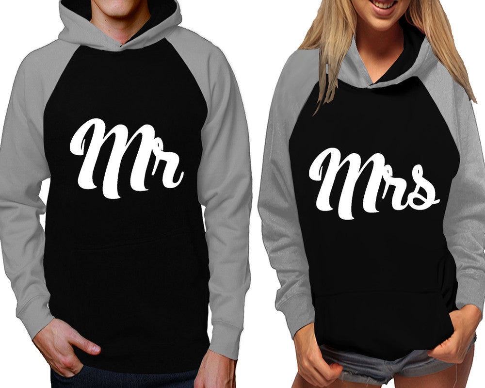 Mr and Mrs raglan hoodies, Matching couple hoodies, Grey Black his and hers man and woman contrast raglan hoodies