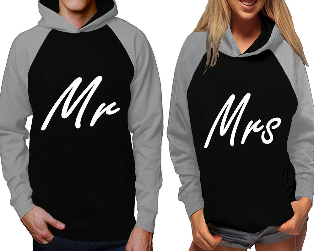 Mr and Mrs raglan hoodies, Matching couple hoodies, Grey Black his and hers man and woman contrast raglan hoodies