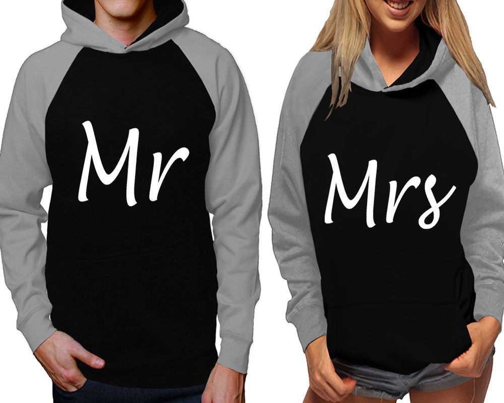 Mr and Mrs raglan hoodies, Matching couple hoodies, Grey Black his and hers man and woman contrast raglan hoodies