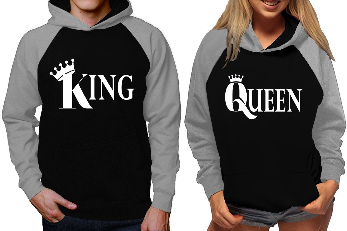 King and Queen raglan hoodies, Matching couple hoodies, Grey Black King Queen design on man and woman hoodies