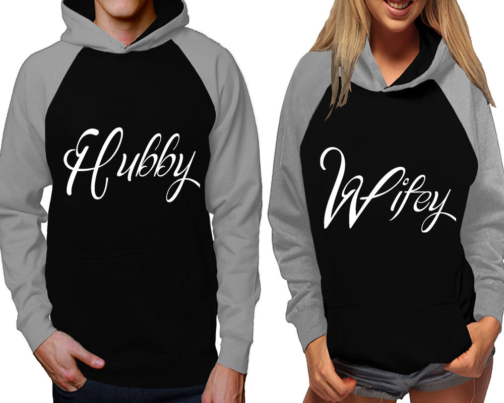 Hubby and Wifey raglan hoodies, Matching couple hoodies, Grey Black his and hers man and woman contrast raglan hoodies