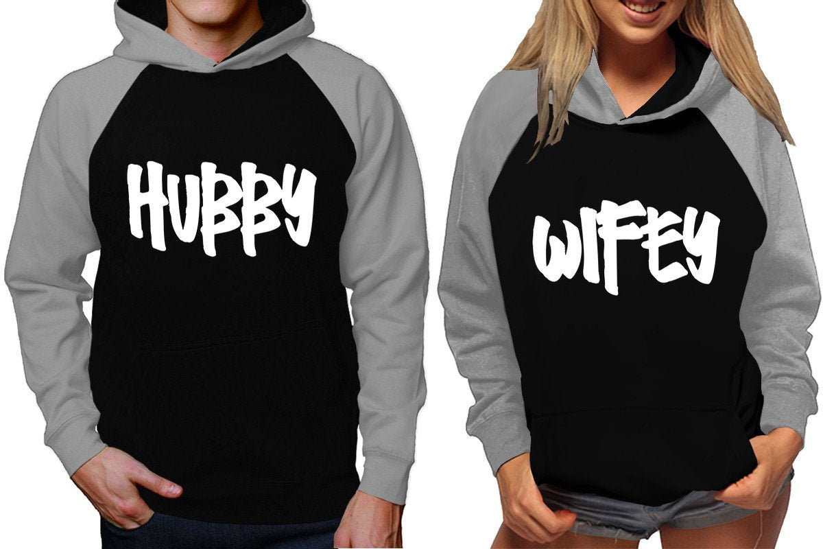 Hubby and Wifey raglan hoodies, Matching couple hoodies, Grey Black King Queen design on man and woman hoodies