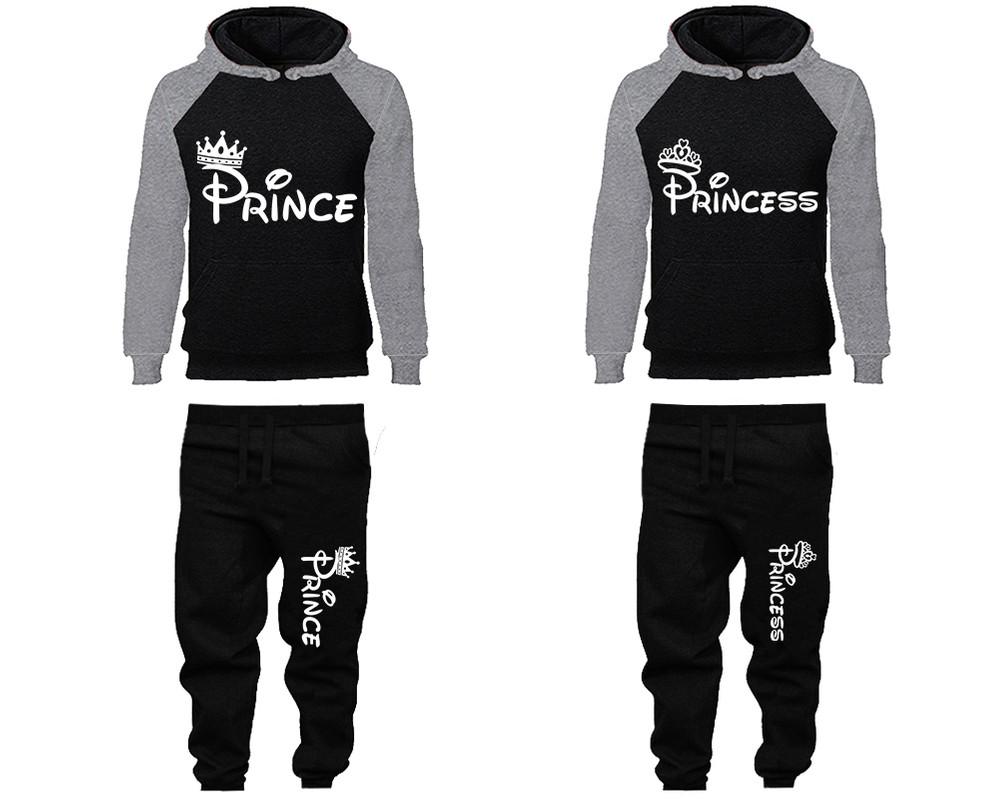 Prince Princess matching top and bottom set, Grey Black raglan hoodie and sweatpants sets for mens, raglan hoodie and jogger set womens. Matching couple joggers.