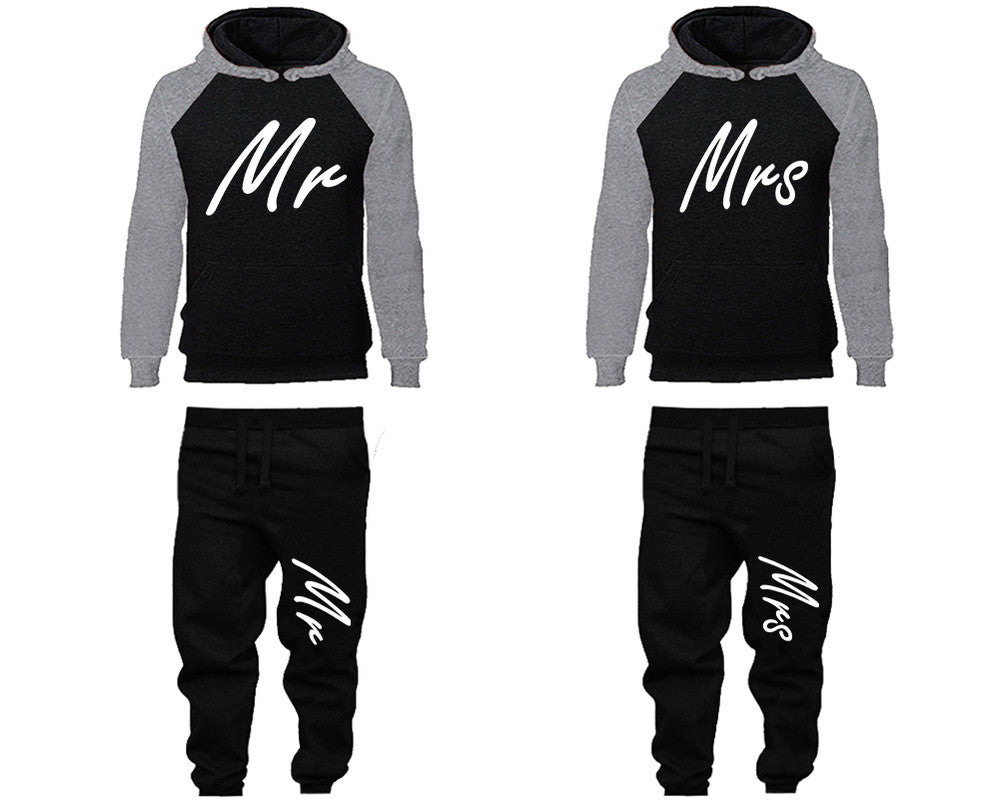 Mr and Mrs matching top and bottom set, Grey Black raglan hoodie and sweatpants sets for mens, raglan hoodie and jogger set womens. Matching couple joggers.